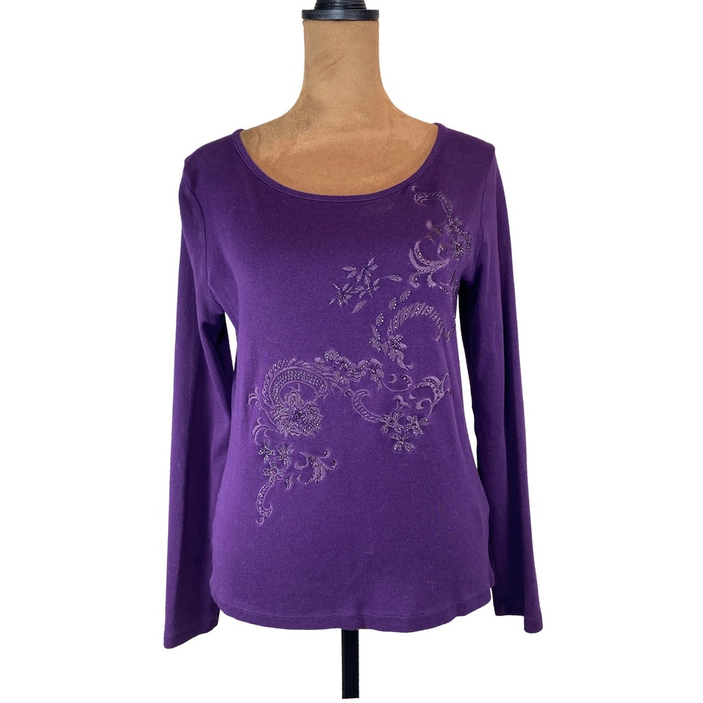 Lauren Ralph Lauren Petite Purple Beaded Paisley Cotton Long Sleeve Top M Casual
